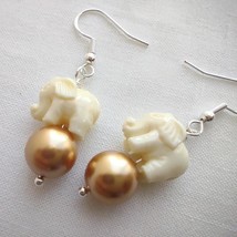 Handmade Pink / White Elephant Charm on Glass Pearl Silver Tone Earrings - £6.39 GBP