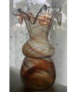 Vintage Orange Blue White Swirl Hand Blown Vase with Ruffle Crimped Top 7” Tall - $22.91