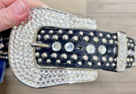 Women&#39;s 3DDD 80s Inspired Rhinestone &amp; Studded Belt Rock Glam Leather w Hair 38&quot; - £22.55 GBP