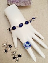 LC Liz Claiborne Silver tone Blue Cabs Bracelet Earring Ring Jewelry Collection - £28.80 GBP