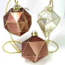 3 Bronze and Gold Colored Glass Fringed Steampunk Geometric Christmas Ornaments - £14.19 GBP