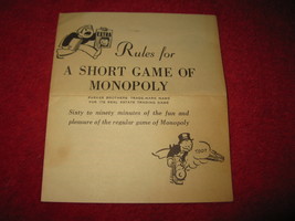 1952 Monopoly Popular Ed. Board Game Piece: Short Game instruction booklet  - $3.00