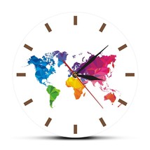 Unique Colorful World Map Wall Clock Silent Movement Modern Decorative W... - $40.80