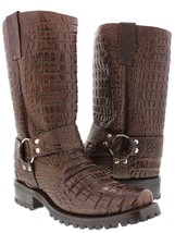 Mens Brown Biker Boots Crocodile Belly Pattern Leather Cowboy Motorcycle Square - £134.18 GBP