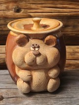 Stoneware Handmade Pottery Bear Cookie Honey Jar Lid With Wood Honeycomb 5.5&quot; H - £48.36 GBP