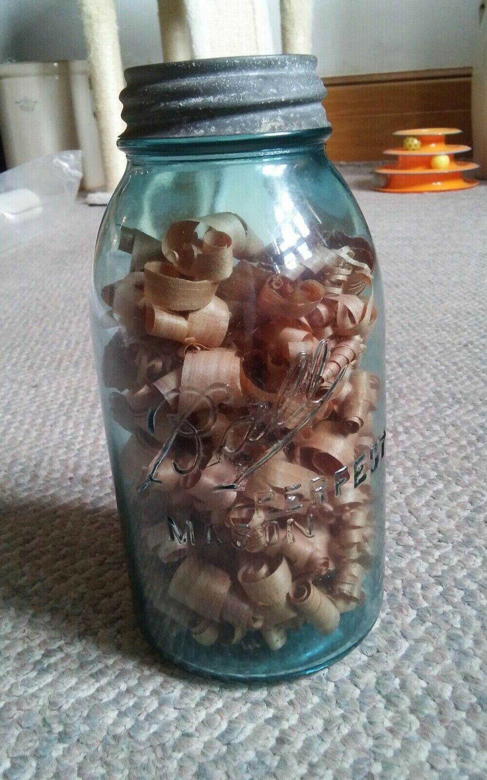 VTG Blue Ball Perfect Mason Canning Jar Zinc Lid Wood Shaving Decor #1 8... - $21.99