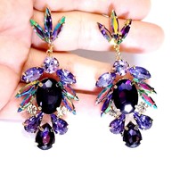 Purple Drop Earrings, Bridesmaid Rhinestone Earrings, 2.9 Inch Pageant Jewelry,  - £28.85 GBP