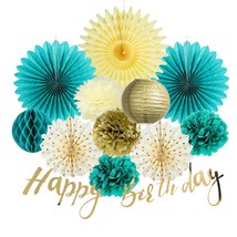 Teal Gold Birthday Party Decorations Teal Paper Fans Tissue Pom Poms Gold Happy  - £26.61 GBP