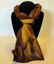 Hand Painted Silk Scarf Chocolate Chestnut Brown Gold Ladies Head Neck N... - $56.00