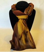 Hand Painted Silk Scarf Chocolate Chestnut Brown Gold Ladies Head Neck N... - €48,63 EUR