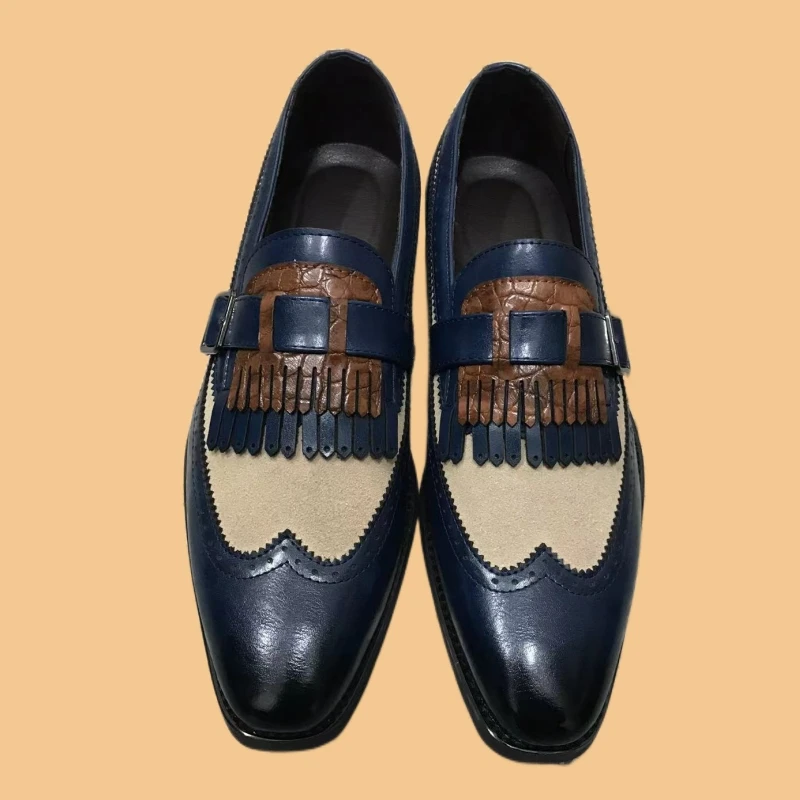 New Loafers Men Brown Blue Tassels Casual Shoes Handmade Breathable Slip... - $75.34