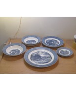 10  Currier &amp; Ives Blue &amp; White Dishes Royal China Made in USA. - $108.90