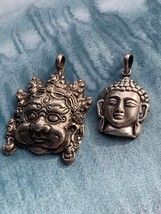 lot 2pcs vintage sterling silver engraved pendant necklace buddha bouddhisme luc - £34.80 GBP