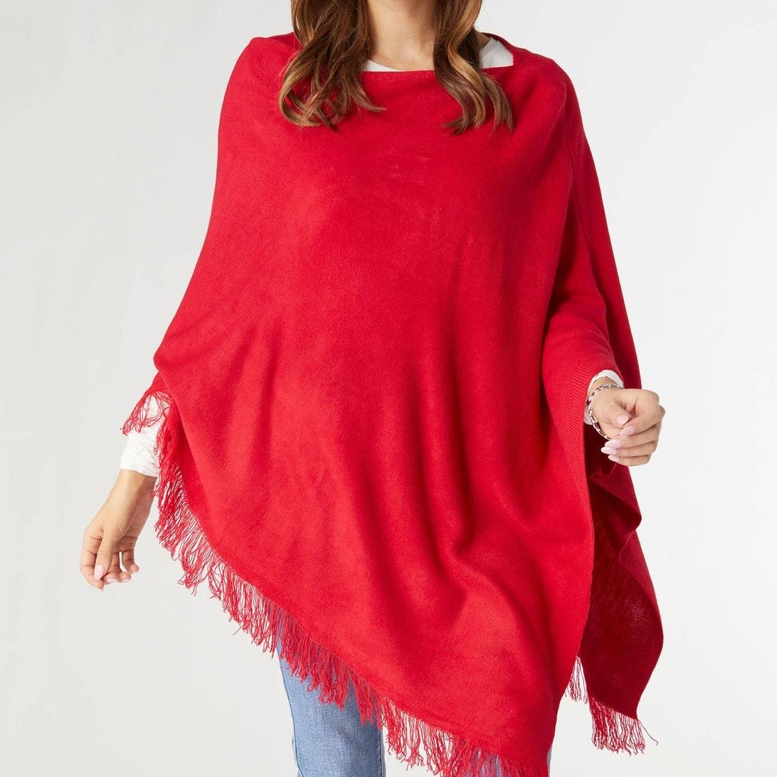Lightweight Ponchos with Fringe Red