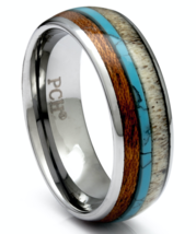 Deer Antler Ring Tungsten Turquoise and Hawaiian Koa Wood 8mm Wedding Band/Gift - £62.96 GBP