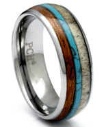Deer Antler Ring Tungsten Turquoise and Hawaiian Koa Wood 8mm Wedding Ba... - £61.76 GBP