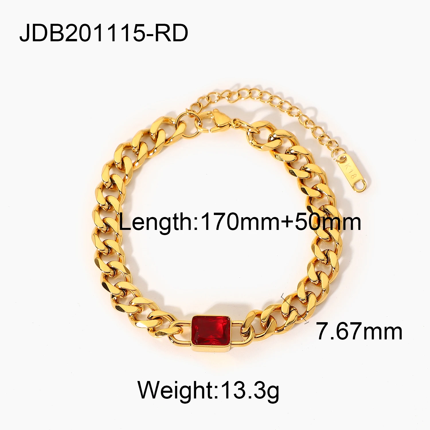 Rectangle Colorful Zircon Six-sided Polished Cuban Chain Bracelet For Women 18k  - £16.41 GBP