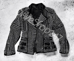 New Woman Black Full Silver Studded Punk Rock Top Quilted Biker Leather Jacket - £263.77 GBP