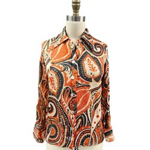 VTG 1970s Russ Blouse Fab Abstract Floral Pattern Orange Disco Nylon Sz ... - $67.32