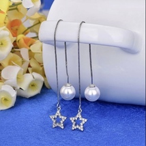 18K White Gold Plated Pearl Star Long Tassel Drop Threader Earrings for Women - £7.20 GBP