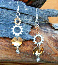 Earrings Jewelry Vintage Crystal + Star Washers &amp; Gears Upcycled Fashion Design - £7.83 GBP
