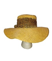 Cappelli Straworld Hat Straw Wide Brim Leopard Print Ribbon Bow Beach - £11.72 GBP