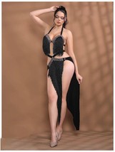 Black Tassel Belly Dance Costume Sexy Fringe Bra &amp; Skirt With Criss Cross Belt - £43.61 GBP