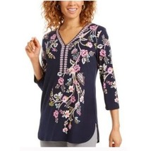 JM Collection Womens XL Blue Combo Floral V Neck 3/4 Sleeve Blouse Top NWT C56 - £21.92 GBP