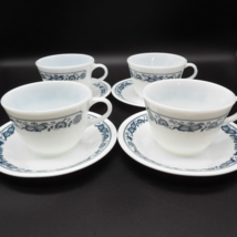 Pyrex Corelle Old Town Blue Onion Milk Glass 4 Coffee Tea Cup and Saucer Sets - £9.94 GBP