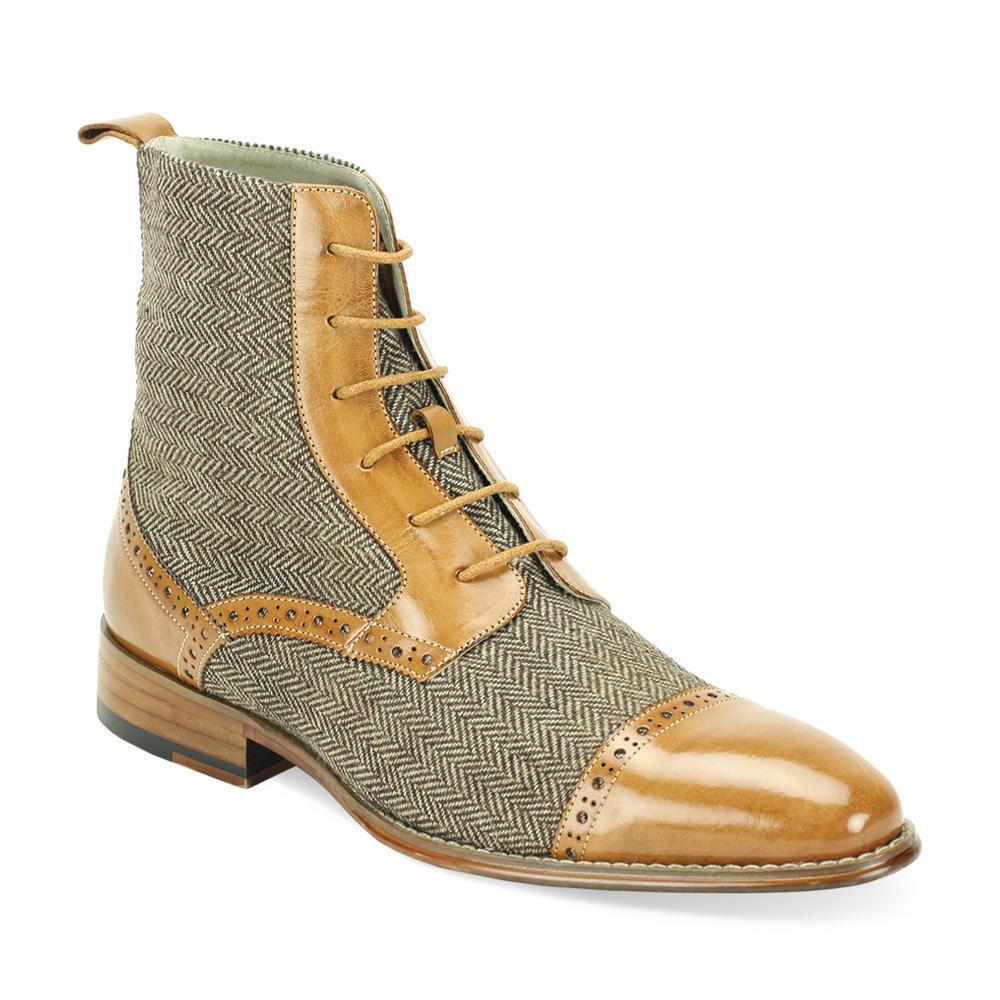 Men's Tan High Ankle Tweed Rounded Cap Toe Genuine Leather Lace Up Boots US 7-16