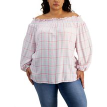 Tommy Hilfiger Women's Pink Plaid Smocked Off Shoulder Top Plus Size 2X - $24.00