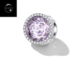 Genuine Sterling Silver 925 Rose Flower Crystal Purple Round Bead Charm With CZ - £17.88 GBP