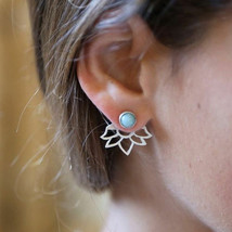 Lotus Flower Earring Leaf Turquoise Stud Ear Jacket Cuff gold / silver Delicate  - £8.03 GBP