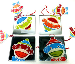 Midwest Set Of 4 Adorable Mirrored 4x4 Christmas Sock Monkey Ornaments Tags - £13.39 GBP