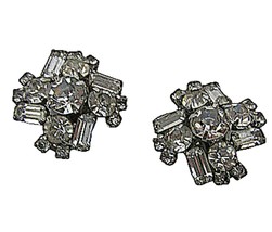 Womens vintage rhinestone clip earrings &quot;white&quot; silver tone 1950s unsign... - £17.83 GBP