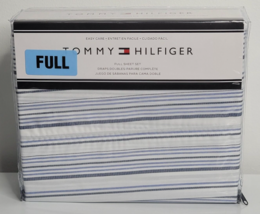 TOMMY HILFIGER Designer FULL Sheet Set Blue Gray Stripes NEW Cotton Blend - £47.84 GBP