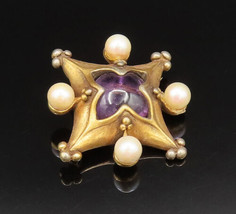 MMA 925 Silver - Vintage Chalcedony &amp; Pearls Gold Tone Brooch Pin - BP9734 - £74.84 GBP