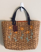 Amanda Smith Natural Straw Bag Purse Tote w/ Orange Flower Motif &amp; Liner - $26.73