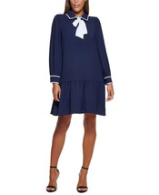 DKNY Women&#39;s Contrast-Trim Trapeze Dress Navy/Ivory Size 10 long Sleeve Zipper - £29.81 GBP