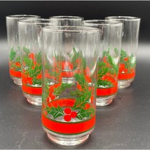 Set 6 Vintage 1980 Libbey Glass Tumbler Christmas Holiday Red Ribbon Holly - $20.93