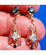 Sapphire Diamond Deco Earrings Gatsby era Vintage Filigree Dangles 14k Gold - €1.480,89 EUR