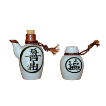 2 pc Japanese Ceramic Soy Sauce Oil Vinegar Dispenser &amp; Salt Pepper Shaker Kanji - £26.75 GBP