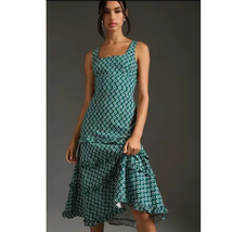 New Anthropologie The Blythe Square-Neck Tiered Midi Dress $170 LARGE Green - £95.99 GBP