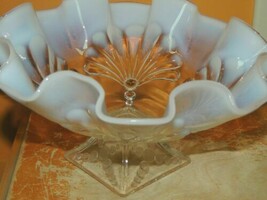 Carnival Glass Compote 8&quot; Pearl and Shell pattern Clear Opalescent Ruffl... - £17.69 GBP