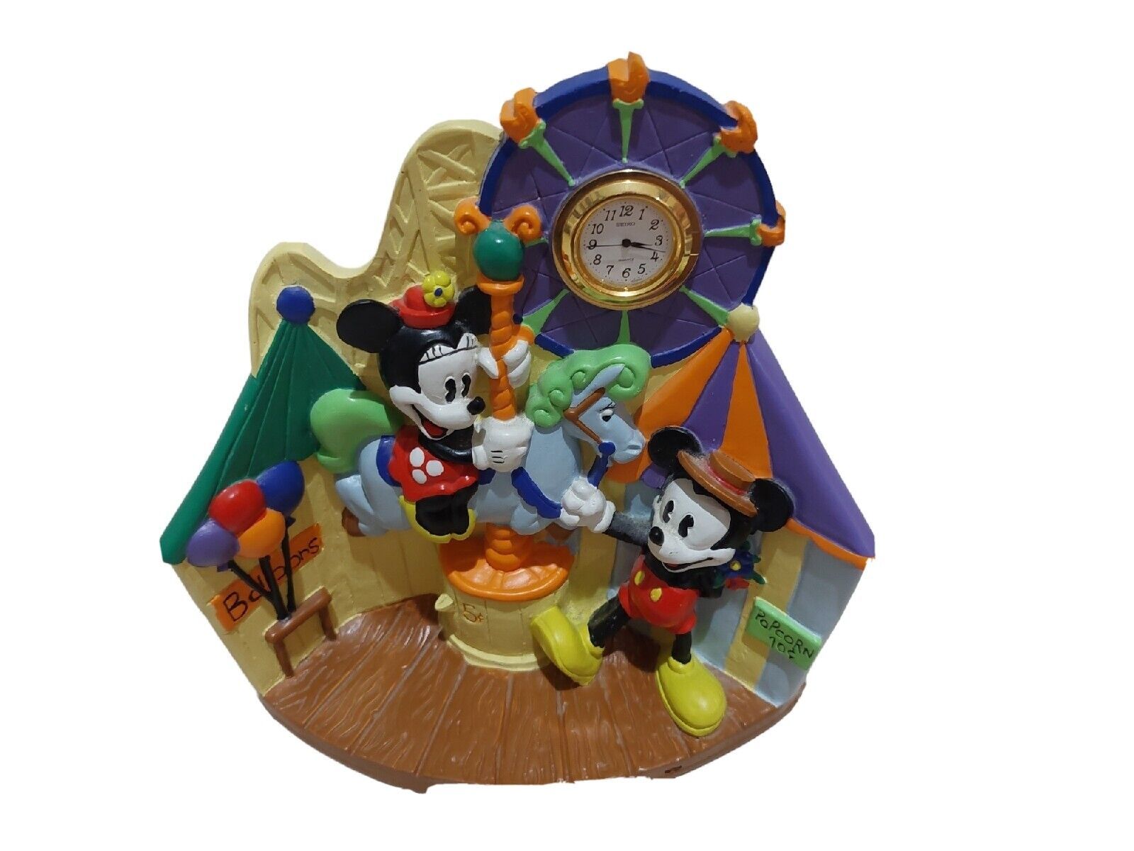 Disney x Seiko Desk Clock Figurine Mickey & Minnie Mouse Carousel Carnival GUC - £20.83 GBP