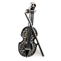 Sparkling Violin Brooch 1.5&quot; Pin Black Metallic Rhinestone High Quality Fiddle - £6.35 GBP