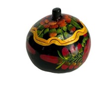 Mexican Folk Art Hand Painted Floral Lacquered Gourd Trinket Decorative Box - $24.74