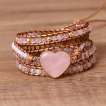 Rose Quartz Natural Stone Wrap Bracelet For Women/Men Multilayer Heart Charms Ge - £27.00 GBP