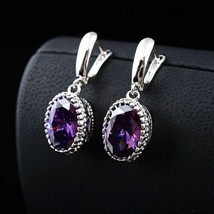 3.00 Ct Oval Cut Lab Created Amethyst Drop/Dangle Earrings 14k White Gold Plated - £81.20 GBP