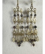 Earrings Pierced 3.75&quot; Chandelier Black Freshwater Pearls Handmade Brass... - £10.00 GBP